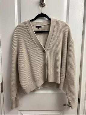 Quince Women's Cream Ribbed V-Neck Cardigan Sweater